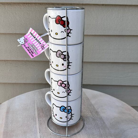 Silver Buffalo Other - Silver Buffalo Sanrio White Classic Hello Kitty Stackable 4 Mugs 1 Rack Set New